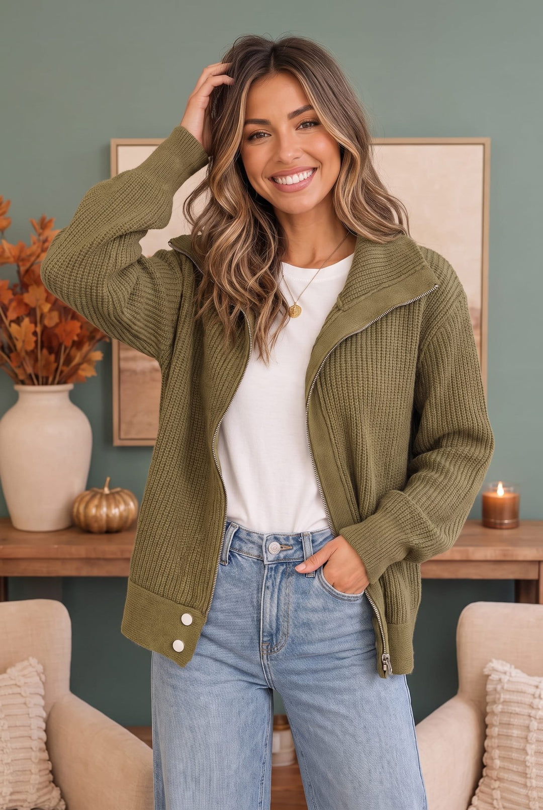 On Set Zip-Up Ribbed Sweater Jacket in Olive - Nikki &amp; Co. Boutique