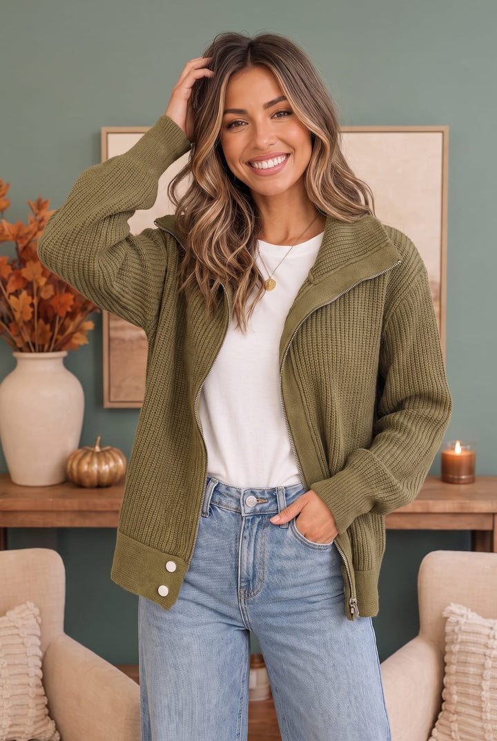 On Set Zip-Up Ribbed Sweater Jacket in Olive - Nikki &amp; Co. Boutique