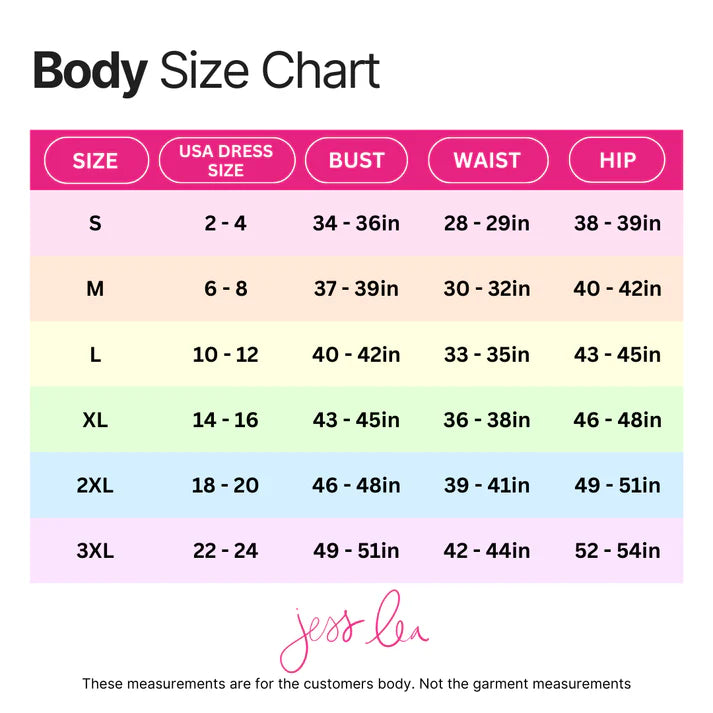 Body size chart with measurements for different sizes, branded by Jess Len.