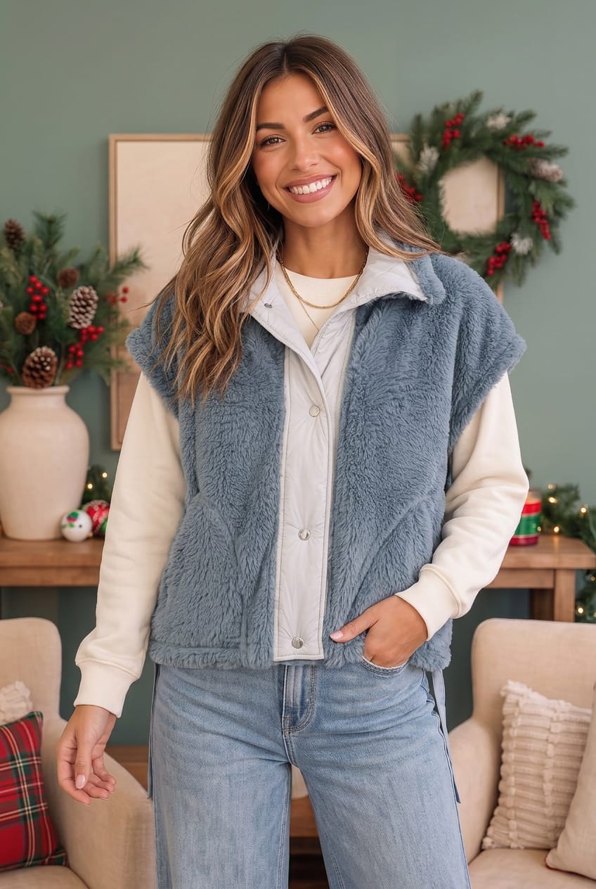 Snuggle Season Sherpa Vest in Slate - Nikki &amp; Co. Boutique