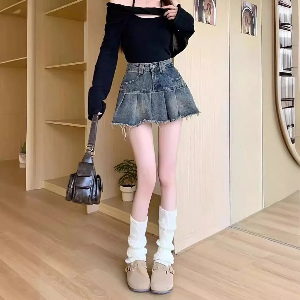 High-Waisted Vintage Patchwork Fringe Design Sensibility Slimming Denim Mini Dress For Women Summer Style A- Line Mini Skirt