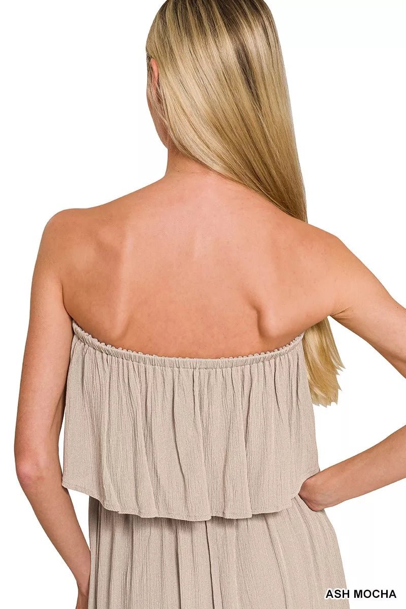 Zenana Woven Crinkle Strapless Maxi Dress in Ash Mocha - Nikki &amp; Co. Boutique