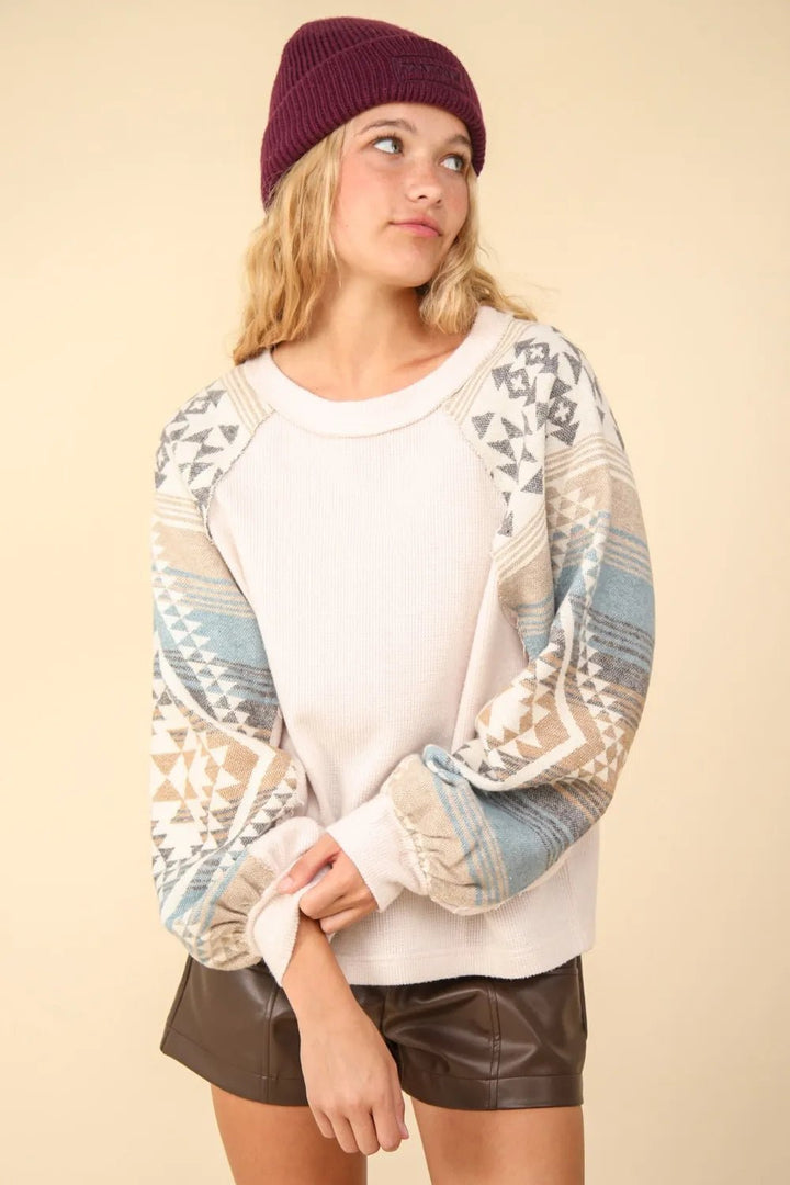 VERY J Printed Long Sleeve Round Neck Knit Top - Nikki &amp; Co. Boutique