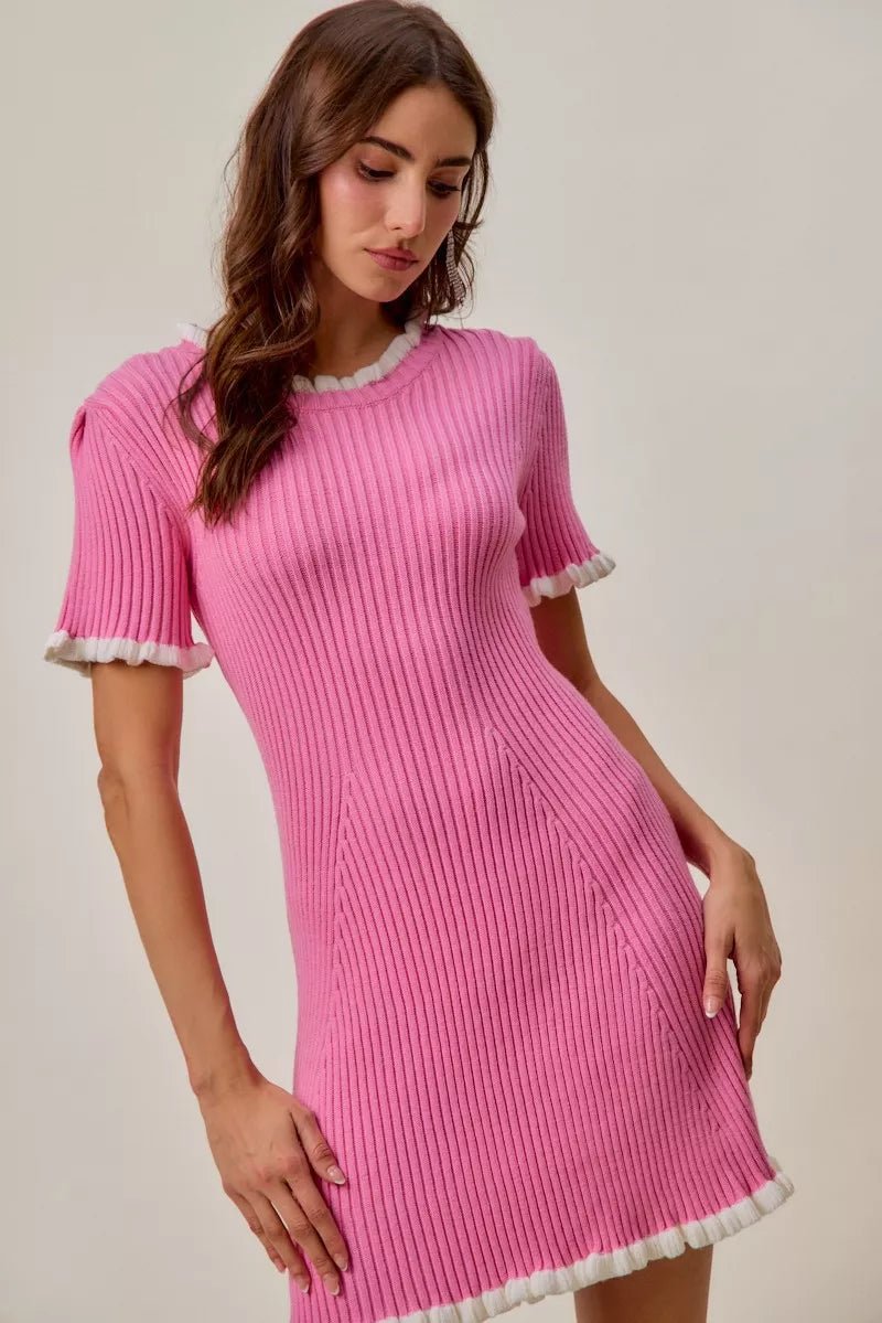 SO ME Contrast Ruffled Sweater Knit Mini Dress in Pink &amp; White - Nikki &amp; Co. Boutique
