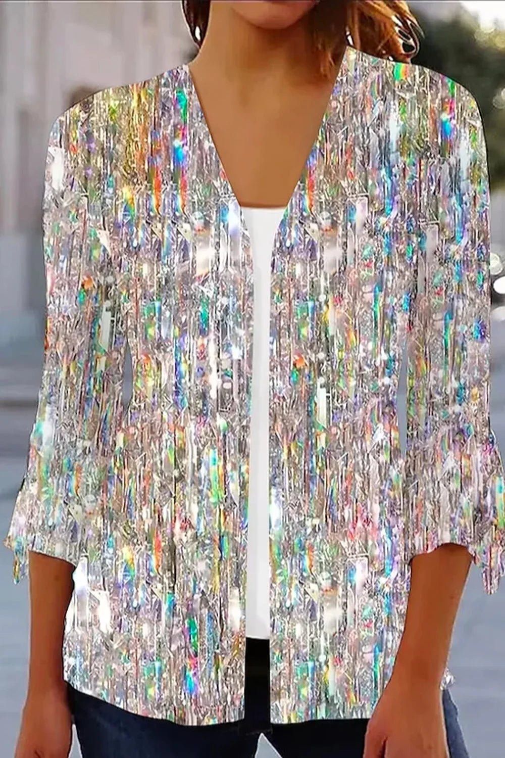 Flycurvy Plus Size Christmas Silver Sparkly Texture Print Kimono Cardigan - Nikki & Co. Boutique