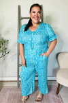 PLUS Spring Vibes Aqua Ikat Print Ruffle Sleeve Wide Leg Jumpsuit