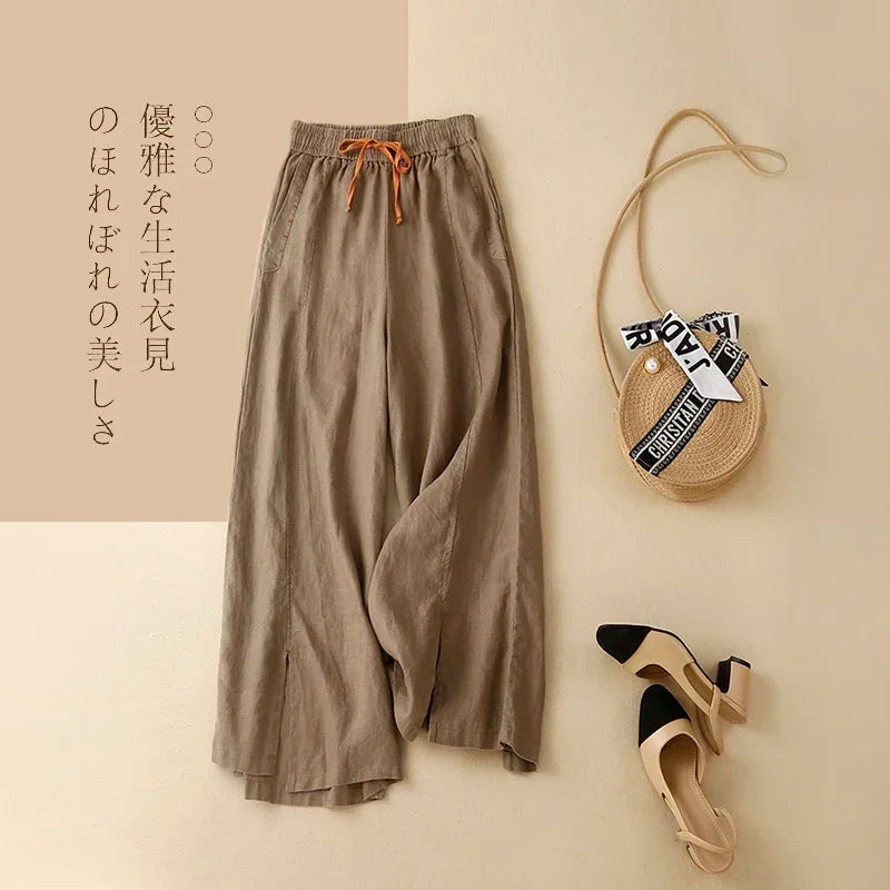 Gray Cotton Linen Casual Elastic High Waist Loose Wide Leg Women's Pants Ankle-Length Pants For Women Clothing Fashion