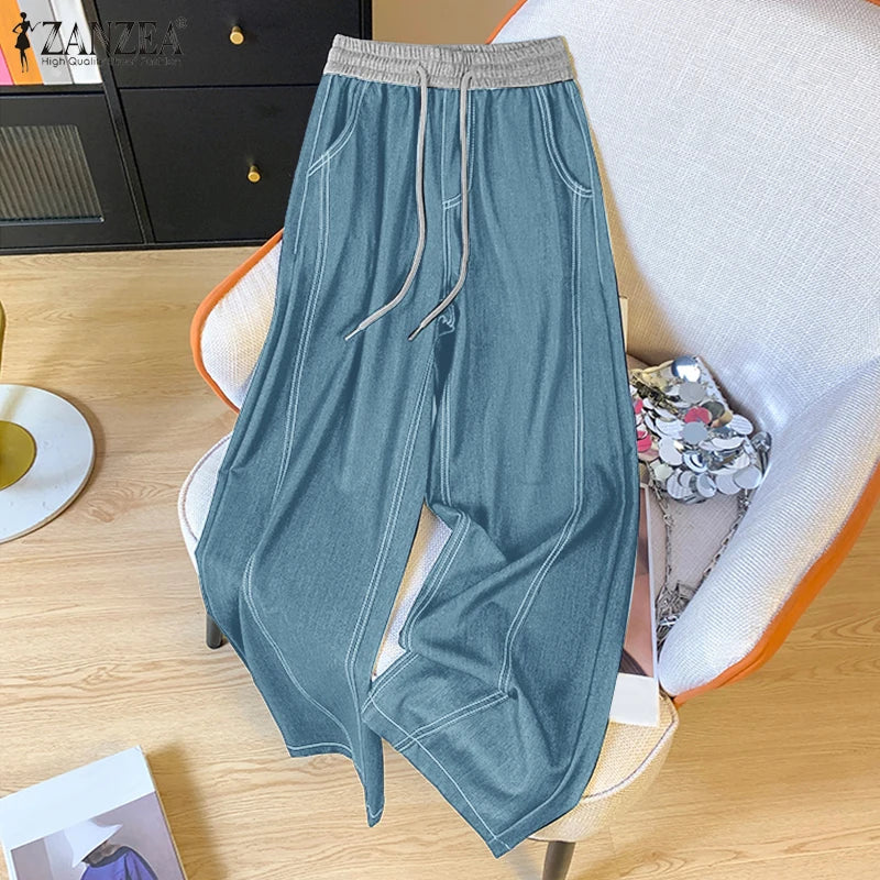 ZANZEA Women Denim Wide Leg Pants 2026 Casual Pockets Elastic Waist Long Pants Fashion Pleated Lace-up Trousers Loose Bottoms