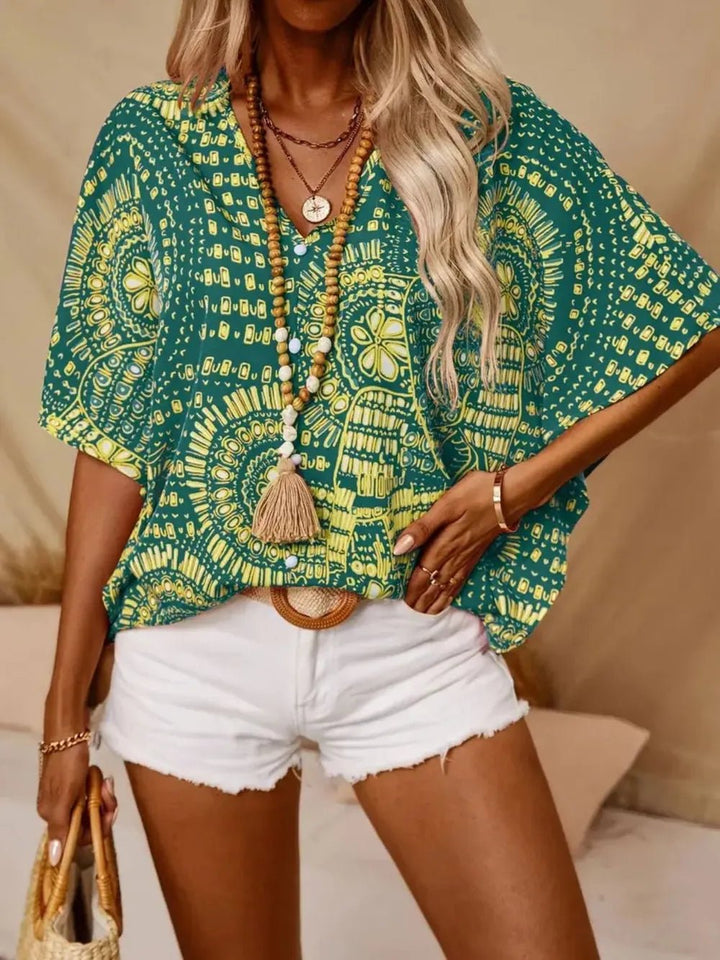 Printed V - Neck Half Sleeve Tops - Nikki &amp; Co. Boutique