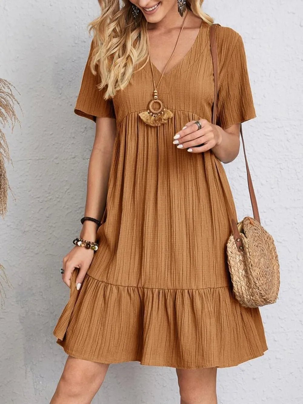 Full Size V-Neck Shorts Sleeve Dress | Nikki &amp; Co. Boutique