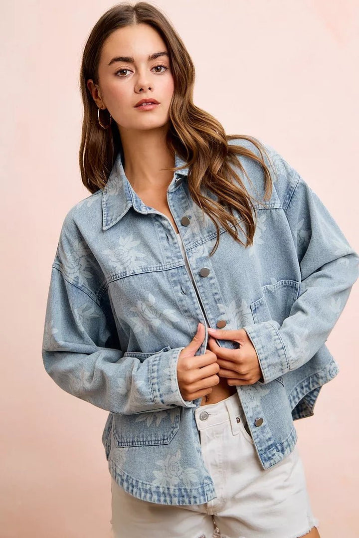 BiBi Printed Washed Denim Jacket With Pocket - Nikki &amp; Co. Boutique