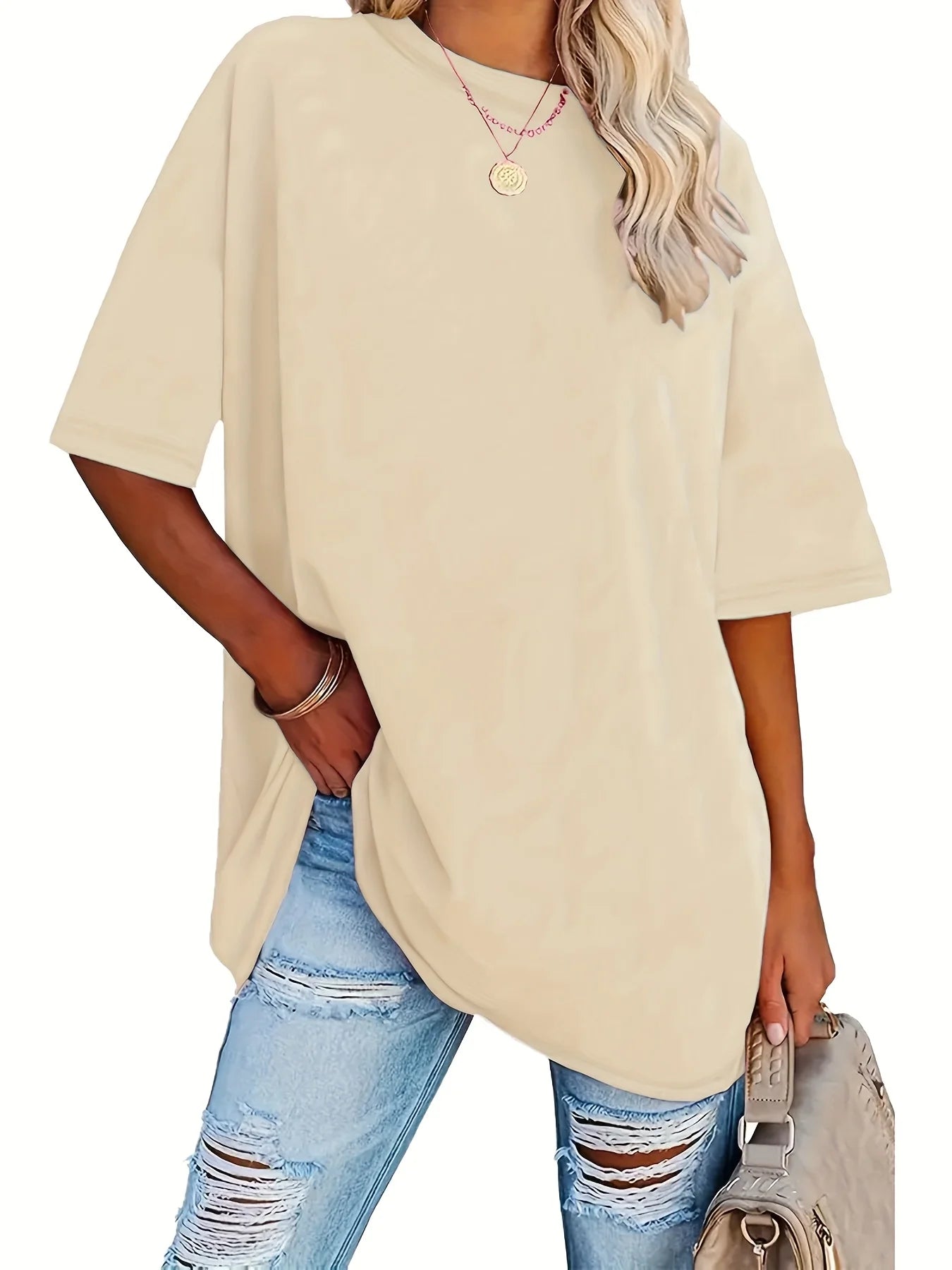 Women's Plus Size Crew Neck Solid T-Shirt Summer Female Basic Soft Tees Women Casual Round Neck Short Sleeved Tops