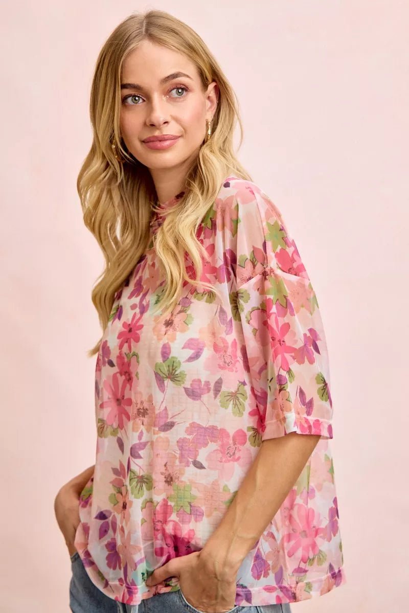 BiBi Floral Print Shorts Sleeves Boxy Mesh Tops | Nikki &amp; Co. Boutique
