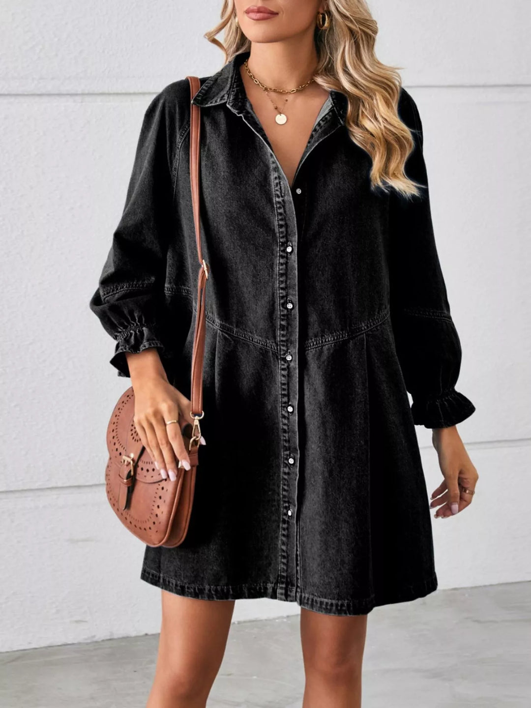 Button Down Ruffle Cuff Denim Dress | Nikki &amp; Co. Boutique