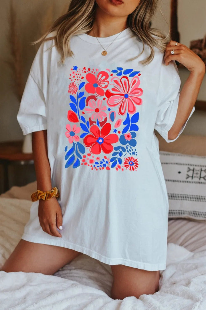 Flower Graphic Round Neck Shorts Sleeve T-Shirt - Nikki &amp; Co. Boutique
