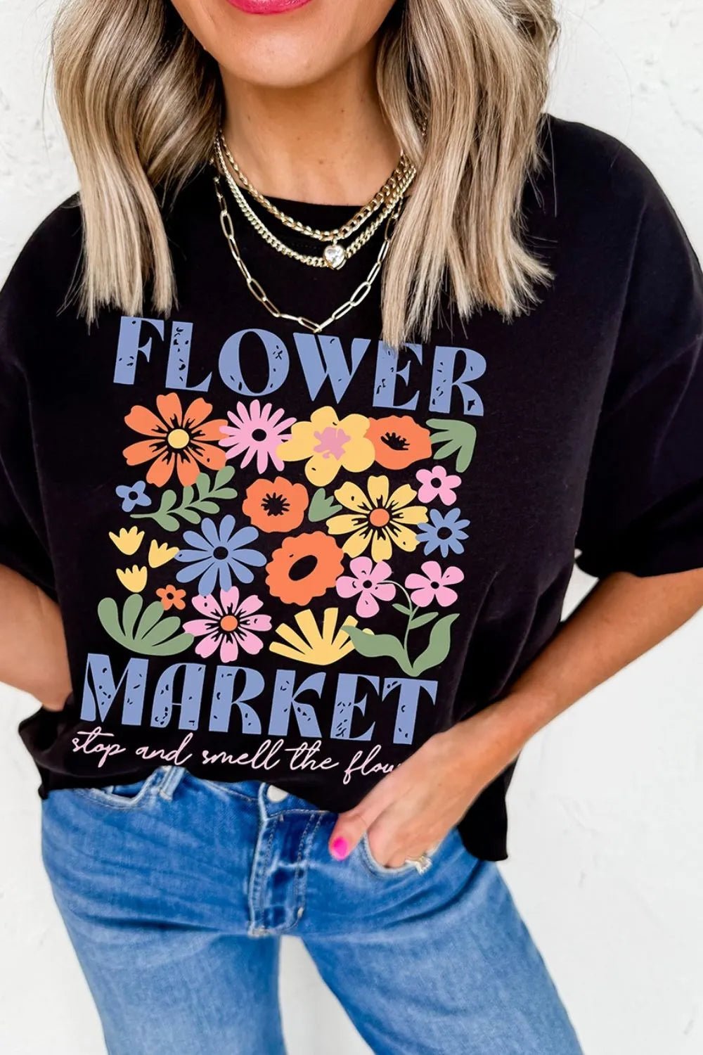 Flower Market Graphic Round Neck T-Shirt - Nikki and Co Boutique