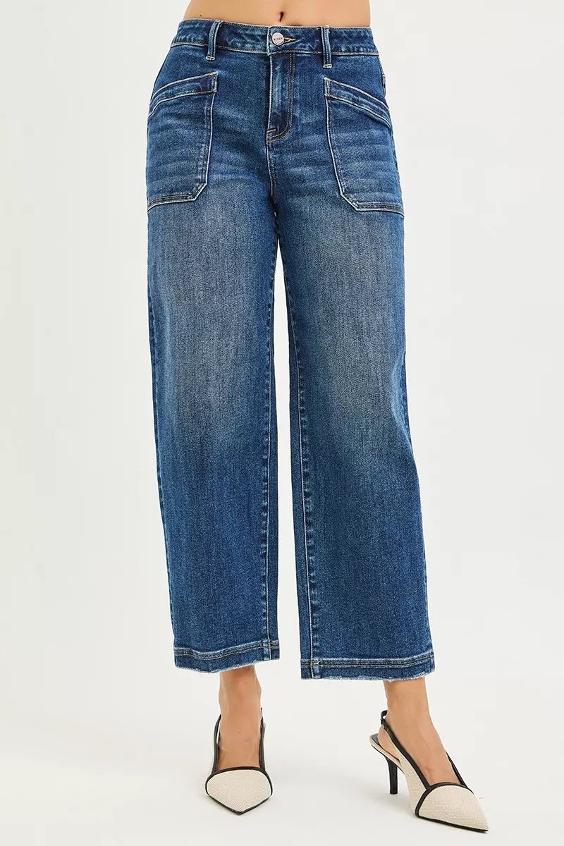 RISEN Slouchy Cropped Baggy Jeans with Front Patch Pocket in Dark Wash - Nikki &amp; Co. Boutique