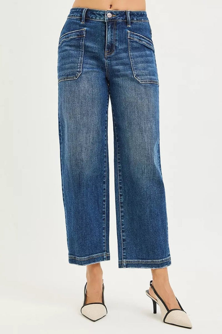 RISEN Slouchy Cropped Baggy Jeans with Front Patch Pocket in Dark Wash - Nikki &amp; Co. Boutique