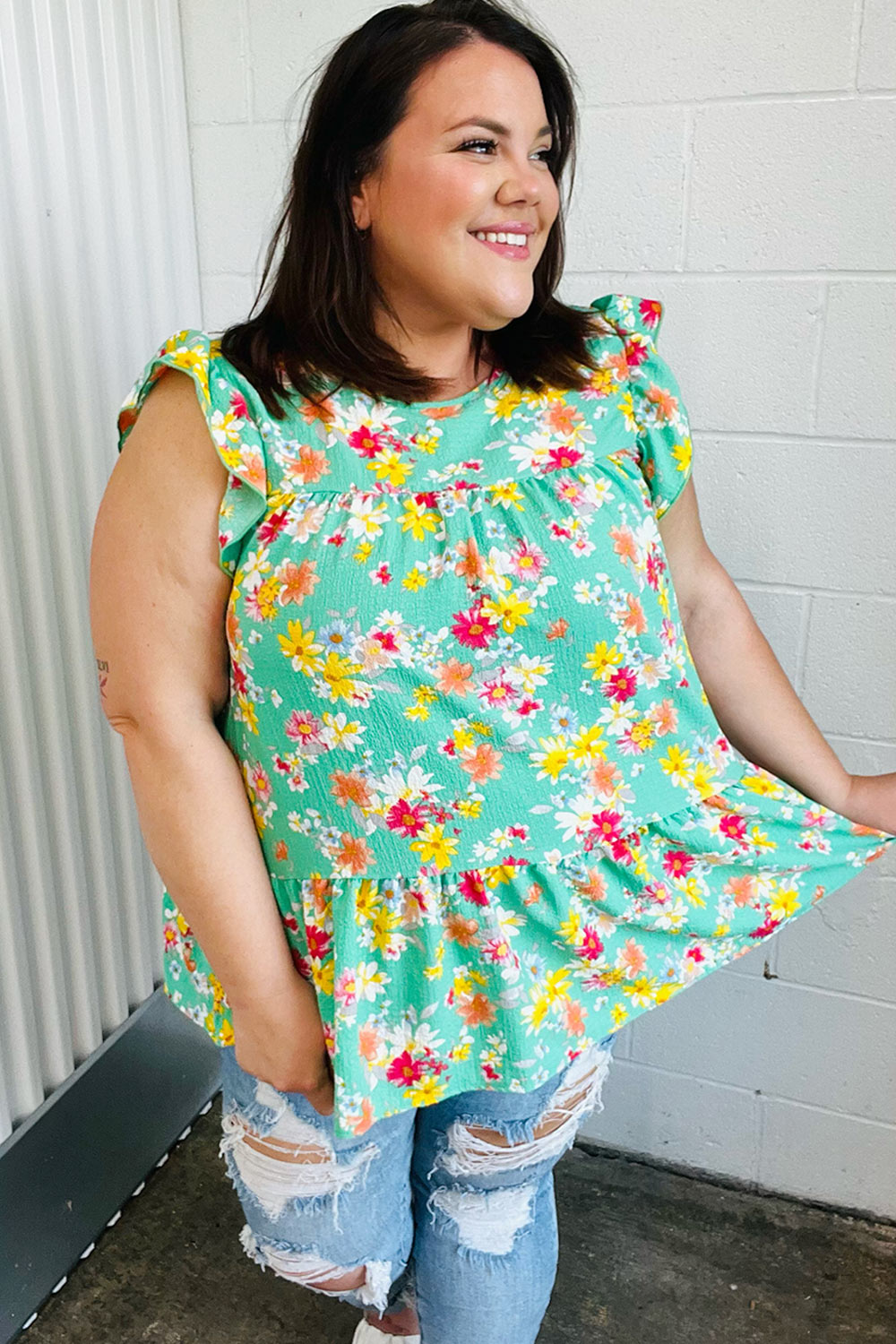 Mint Floral Yoke Flutter Sleeve Keyhole Back Tops | Nikki &amp; Co. Boutique