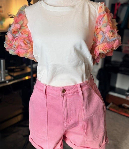 3D Floral Mixed Media French Terry Top (NP) - Off White - Nikki and Co Boutique