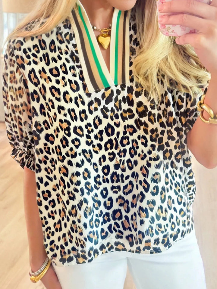 Leopard Print Notched Blouse with Striped Trim - Nikki &amp; Co. Boutique