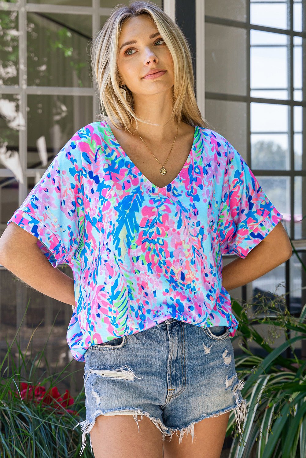 Printed V - Neck Tees Shirt - Nikki &amp; Co. Boutique