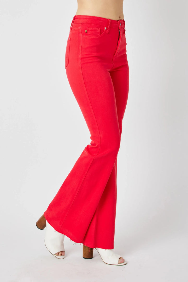 Judy Blue High-Rise Tummy Control Garment-Dyed Flare Jeans | Red - Nikki &amp; Co. Boutique