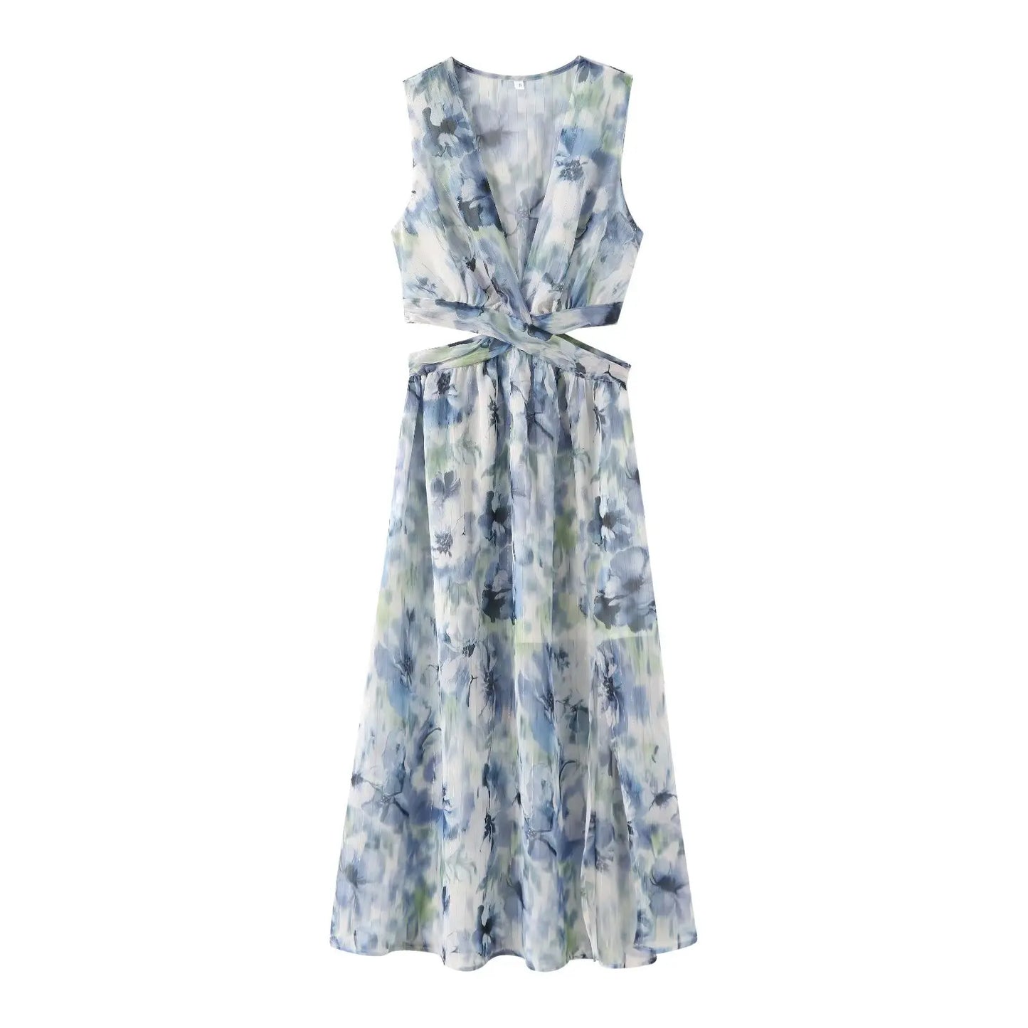 Summer New Arrival Fashion Sweet Women's Flower Print Sleeveless Mid-length Skirt V-neck Waist-exposed Sexy Split Dress