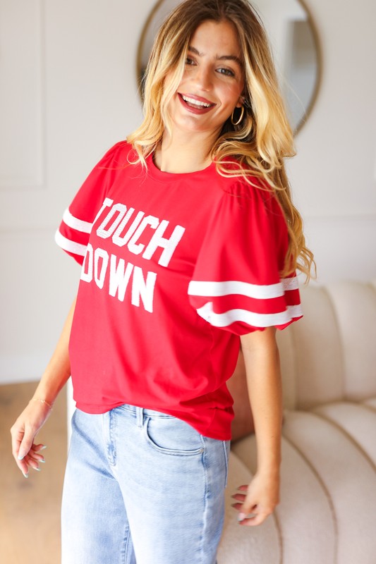 Stand Out Red "TOUCHDOWN" Sequin Bubble Sleeve Game Day Top | Nikki &amp; Co. Boutique
