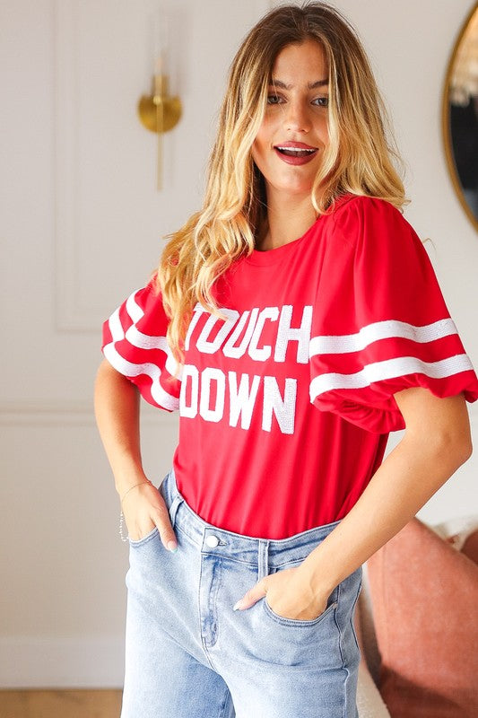 Stand Out Red "TOUCHDOWN" Sequin Bubble Sleeve Game Day Top | Nikki &amp; Co. Boutique