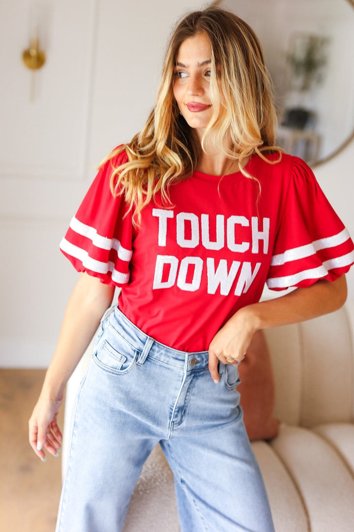 Stand Out Red "TOUCHDOWN" Sequin Bubble Sleeve Game Day Top | Nikki &amp; Co. Boutique