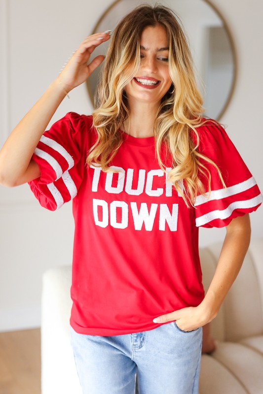 Stand Out Red "TOUCHDOWN" Sequin Bubble Sleeve Game Day Top | Nikki &amp; Co. Boutique
