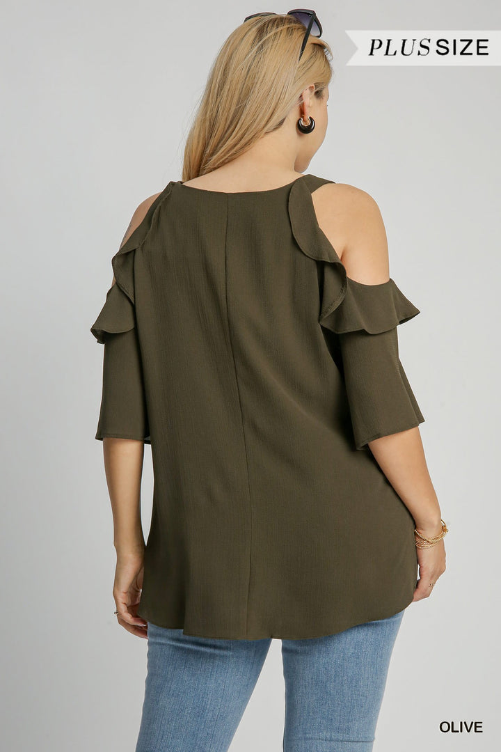 Cold Shoulder Blouse with Ruffle (NP) - Olive, Plus | Nikki &amp; Co. Boutique