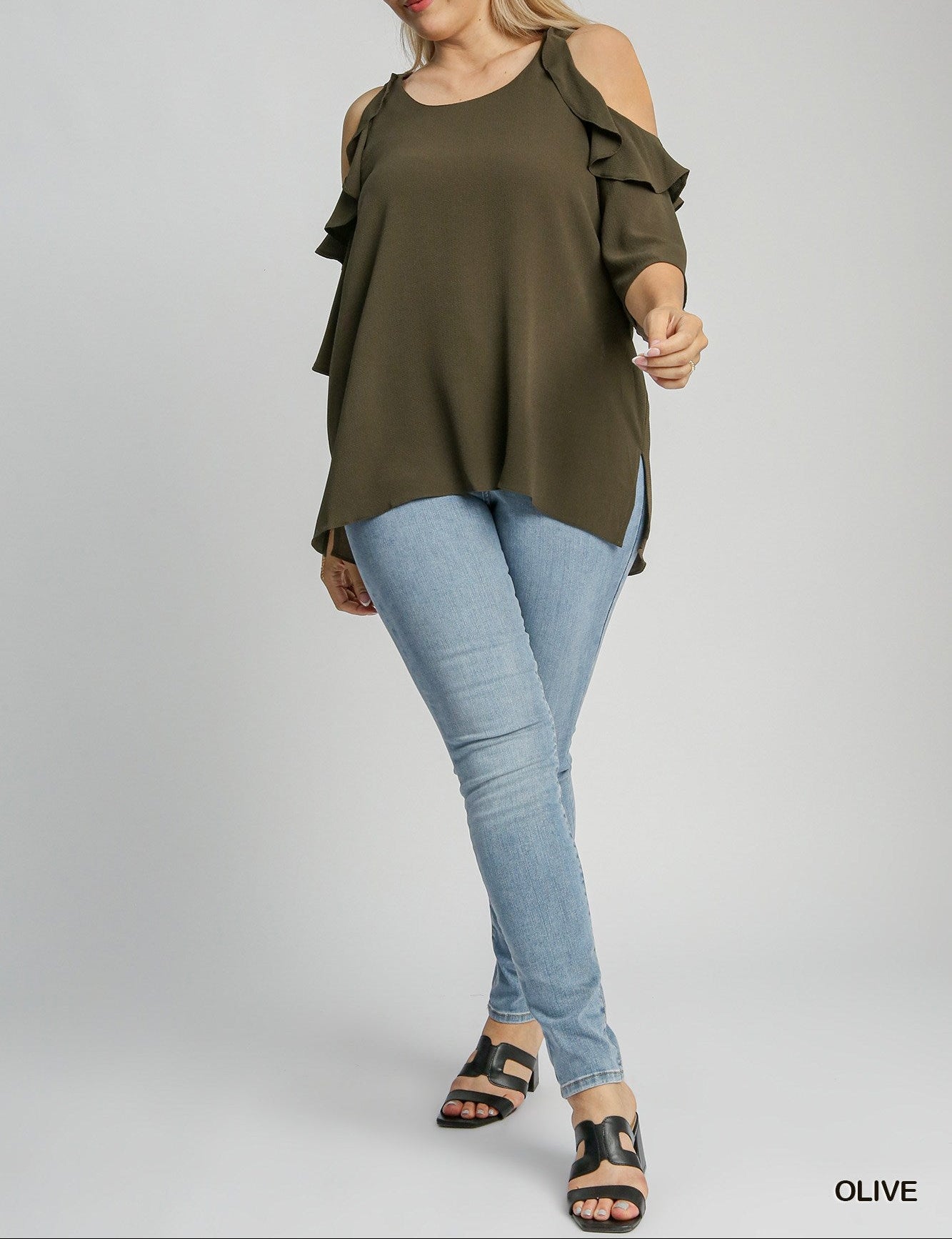 Cold Shoulder Blouse with Ruffle (NP) - Olive, Plus - Nikki and Co Boutique