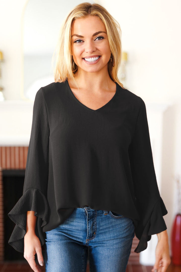 Falling In Love Black Hi-Lo Ruffle Sleeve Woven Tops | Nikki &amp; Co. Boutique