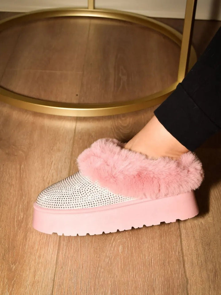WILD DIVA Embellished Faux Fur Platform Booties in Pink - Nikki &amp; Co. Boutique