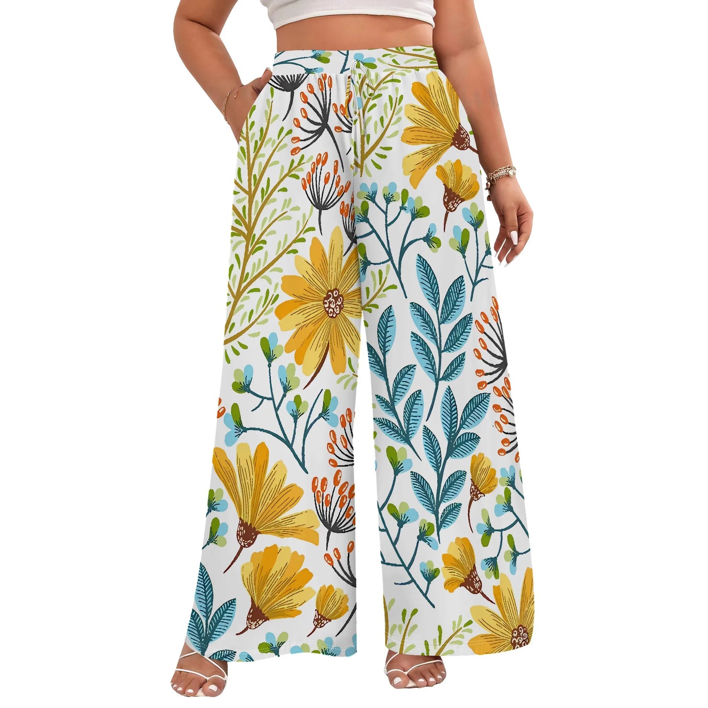 Nupusa Tropical Leaf Print Wide Leg Pants for Women Standard Size Summer Casual Drawstring Waist Trousers