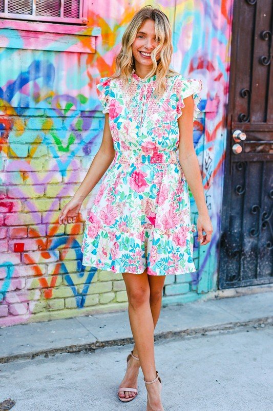 Under Your Spell Floral Smocked Flutter Sleeve Ruffle Mini Dress - Nikki &amp; Co. Boutique