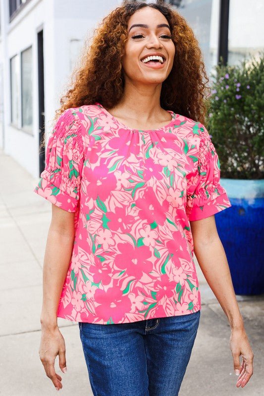 Vacay Vibes Floral Back Keyhole Shorts Smocked Banded Sleeve Tops - Nikki &amp; Co. Boutique