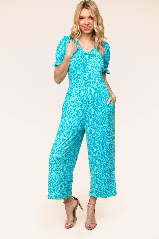PLUS Spring Vibes Aqua Ikat Print Ruffle Sleeve Wide Leg Jumpsuit | Nikki &amp; Co. Boutique
