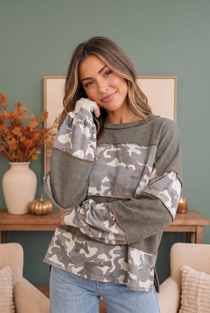 Cozy Camo Color Block Pullover - Nikki &amp; Co. Boutique