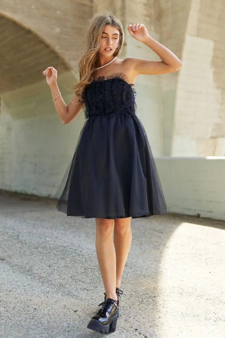 J.NNA Mesh Ruffle Tube Top Swing Dress in Black - Nikki &amp; Co. Boutique