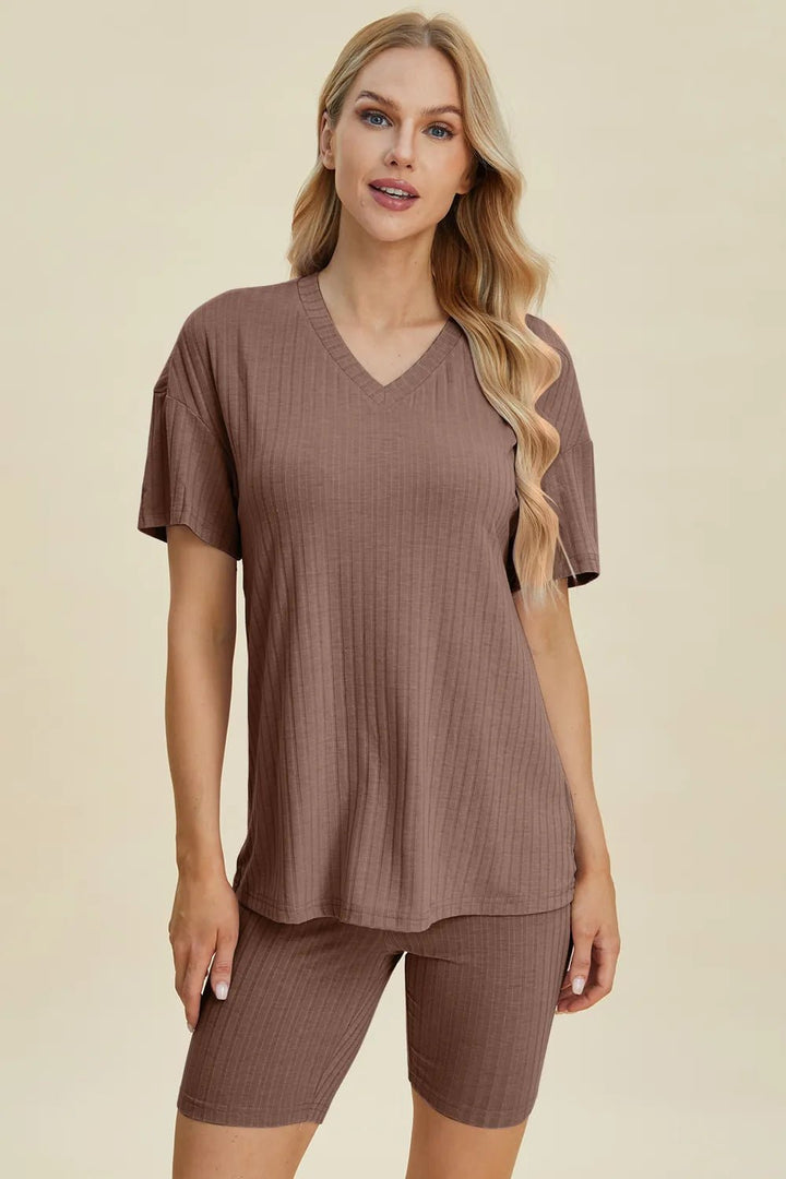 Basic Bae Full Size Ribbed V-Neck Shorts Sleeve Tops and Shorts Sets | Nikki &amp; Co. Boutique