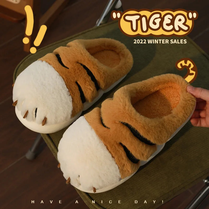 Cartoon Tiger Paw Slipper Winter Indoor Warm Fur Shoes Slides Cute Animals Plush Platform Design Claw Ladies Home Slippers