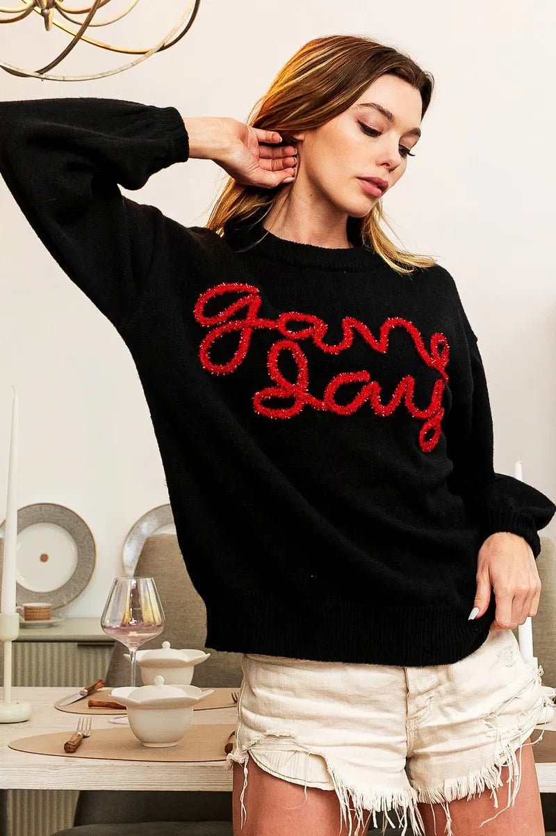 BiBi Game Day Metallic Letter Sweater | Black &amp; Red - Nikki &amp; Co. Boutique