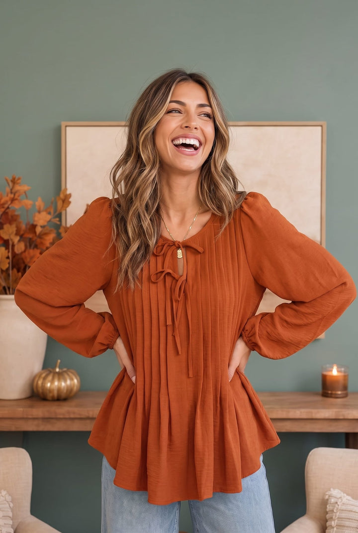 Sipping Apple Cider Tie Neck Blouse - Nikki &amp; Co. Boutique