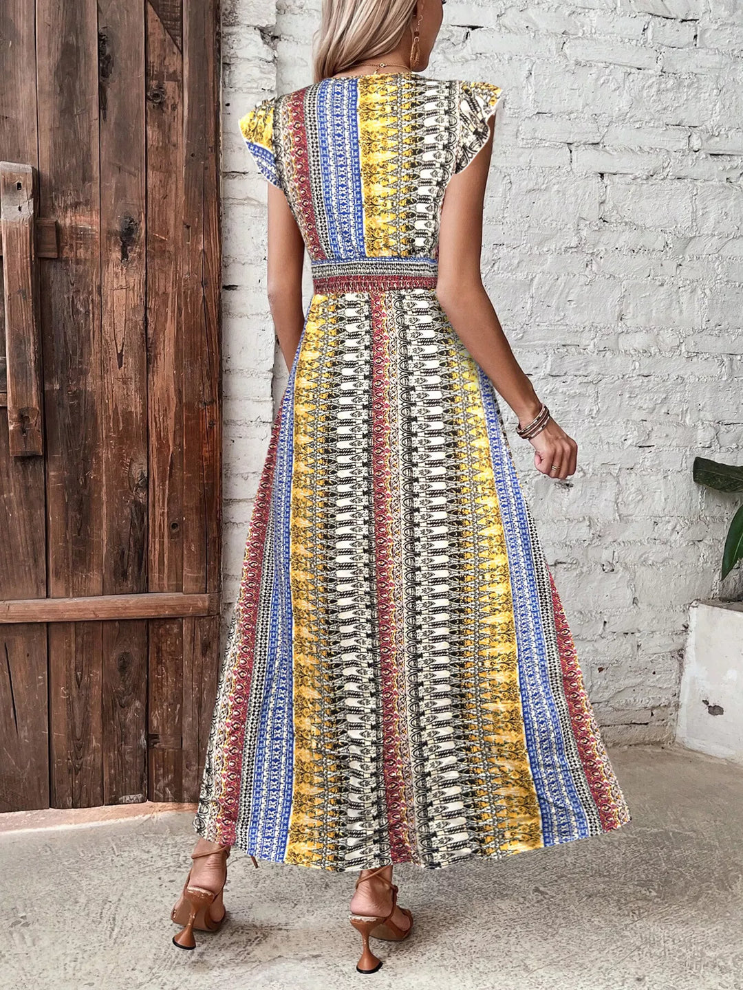 Boho Print Ruffle Sleeve Slit Dress - Nikki &amp; Co. Boutique