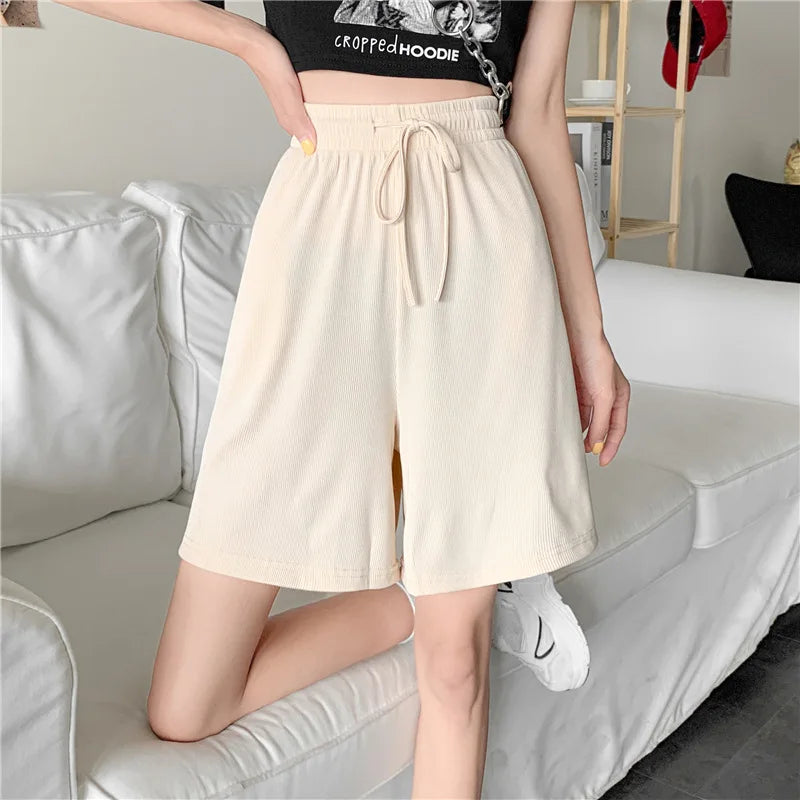 Summer Ice Silk Loose Women'S Shorts Elastic High Waist Casual Wide Leg Shorts Harajuku Casual Sports Straight Short Pants