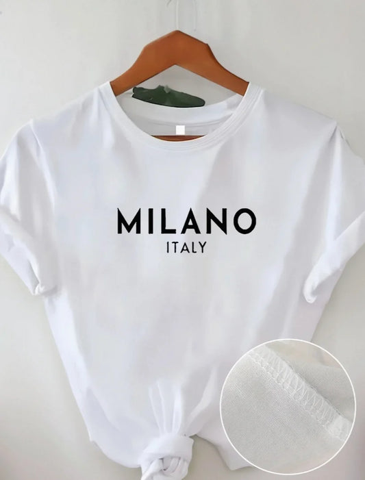Plus - Size White Round Neck T - Shirt with Milano, Italy - themed Print: Fashion - forward and Urban - chic