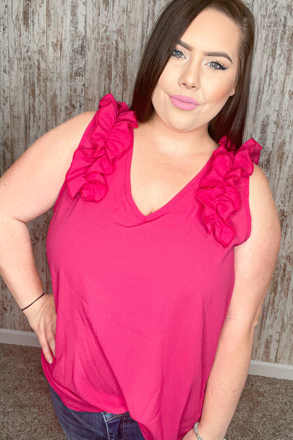 Fuchsia Frill Shoulder Sleeveless Crepe Woven Tops | Nikki &amp; Co. Boutique
